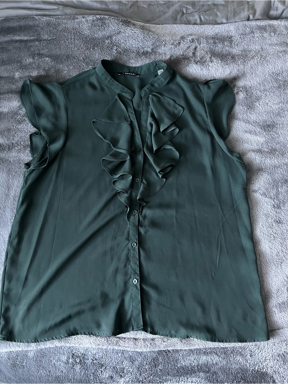 Tahari Dark Green Ruffle Front Cap Sleeve Blouse